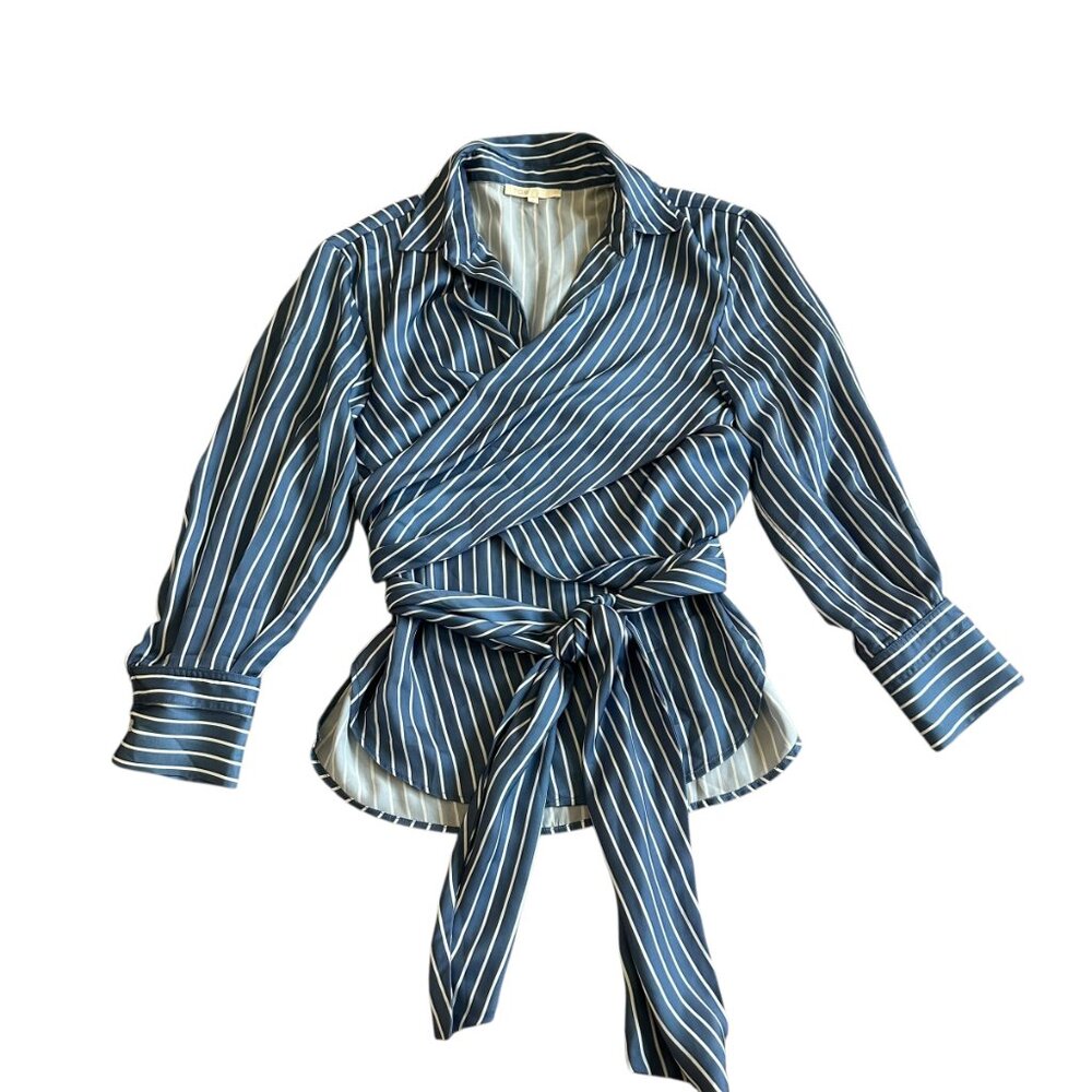 Maje Blue and White Striped Wrap Blouse - Picture 2 of 14